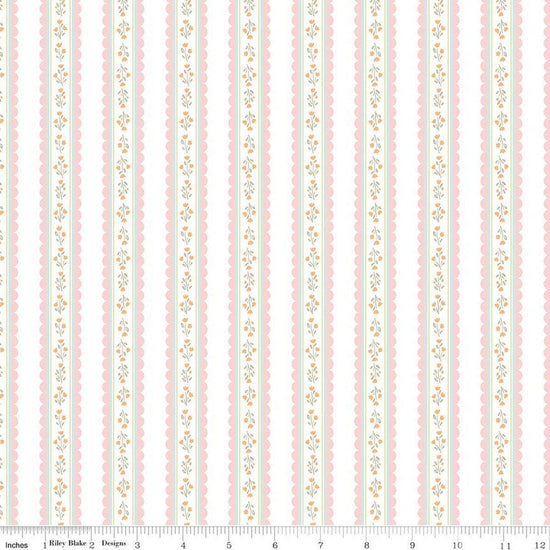 Image of Little Posies Stripes White quilting cotton fabric by Cayla Naylor for Riley Blake Designs. Features stripes on a white background. Cute Little Fabric Shop.