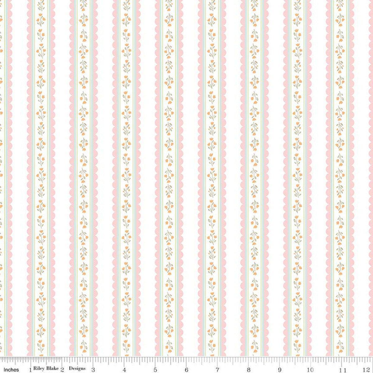 Image of Little Posies Stripes White quilting cotton fabric by Cayla Naylor for Riley Blake Designs. Features stripes on a white background. Cute Little Fabric Shop.