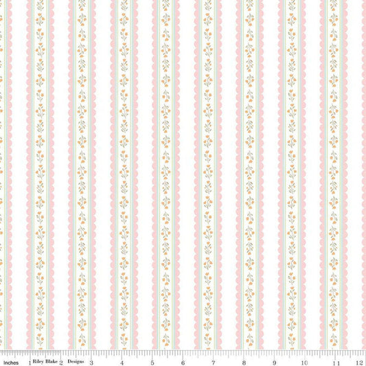 Image of Little Posies Stripes White quilting cotton fabric by Cayla Naylor for Riley Blake Designs. Features stripes on a white background. Cute Little Fabric Shop.