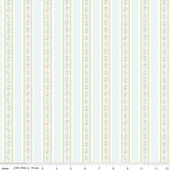 Image of Little Posies Stripes Powder quilting cotton fabric by Cayla Naylor for Riley Blake Designs. Features stripes on a blue background. Cute Little Fabric Shop.