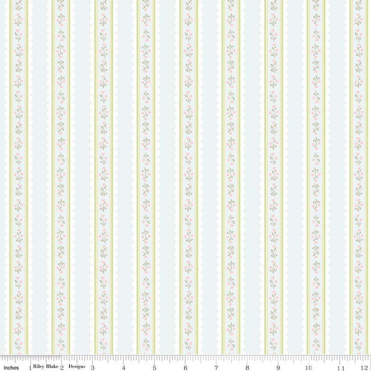 Image of Little Posies Stripes Powder quilting cotton fabric by Cayla Naylor for Riley Blake Designs. Features stripes on a blue background. Cute Little Fabric Shop.