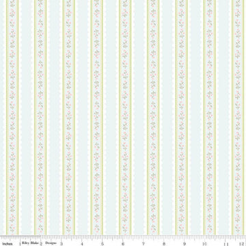 Image of Little Posies Stripes Powder quilting cotton fabric by Cayla Naylor for Riley Blake Designs. Features stripes on a blue background. Cute Little Fabric Shop.