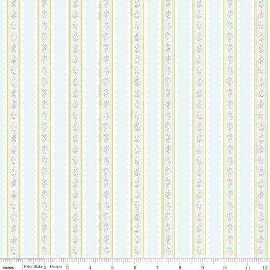 Image of Little Posies Stripes Powder quilting cotton fabric by Cayla Naylor for Riley Blake Designs. Features stripes on a blue background. Cute Little Fabric Shop.