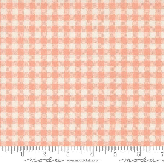 Image of Handmade Sweetness Checks Peach quilting cotton fabric by My Sew Quilty Life for Moda Fabrics. Features gingham on a pink background. Cute Little Fabric Shop.