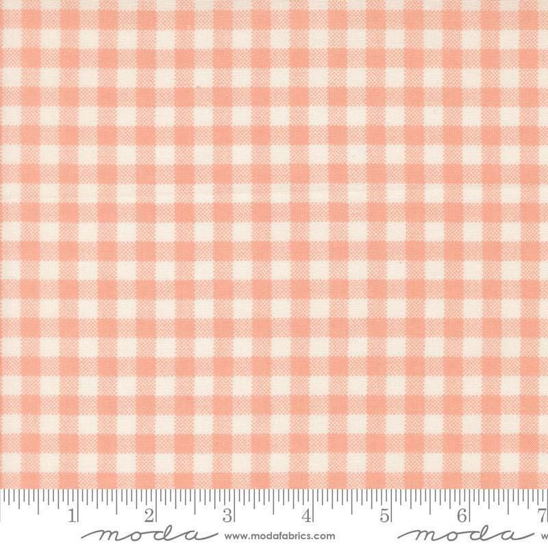 Image of Handmade Sweetness Checks Peach quilting cotton fabric by My Sew Quilty Life for Moda Fabrics. Features gingham on a pink background. Cute Little Fabric Shop.