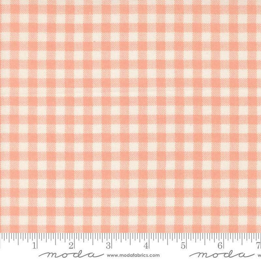 Image of Handmade Sweetness Checks Peach quilting cotton fabric by My Sew Quilty Life for Moda Fabrics. Features gingham on a pink background. Cute Little Fabric Shop.