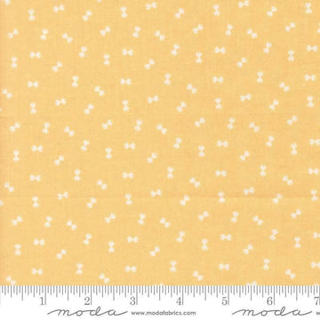 Image of Handmade Sweetness Confetti Butterscotch quilting cotton fabric by My Sew Quilty Life for Moda Fabrics. Features bows on a yellow background. Cute Little Fabric Shop.