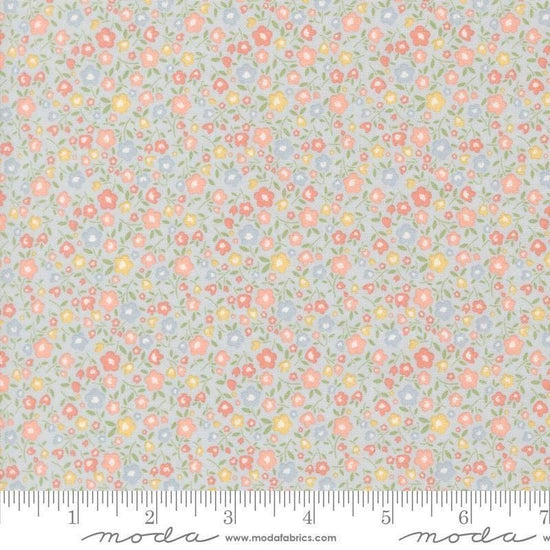 Image of Handmade Sweetness Bitty Blossoms Sky quilting cotton fabric by My Sew Quilty Life for Moda Fabrics. Features flowers on a blue background. Cute Little Fabric Shop.