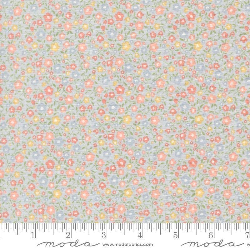 Image of Handmade Sweetness Bitty Blossoms Sky quilting cotton fabric by My Sew Quilty Life for Moda Fabrics. Features flowers on a blue background. Cute Little Fabric Shop.