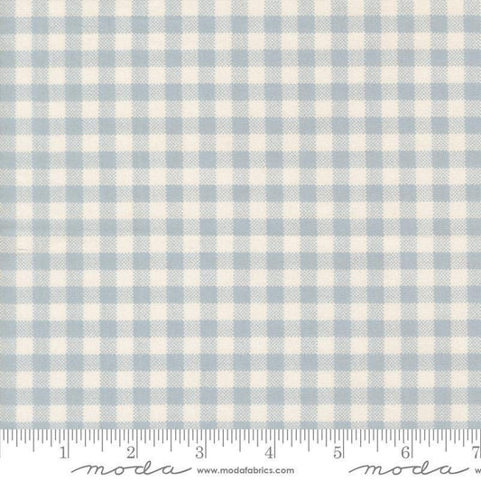 Image of Handmade Sweetness Checks Powder Blue quilting cotton fabric by My Sew Quilty Life for Moda Fabrics. Features gingham on a blue background. Cute Little Fabric Shop.