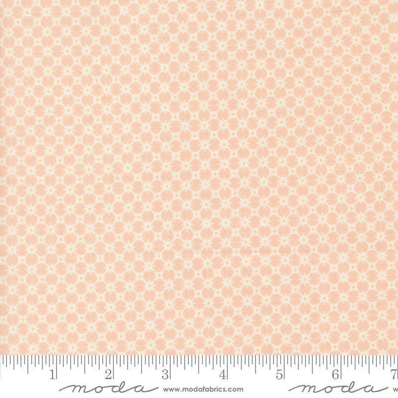 Image of Handmade Sweetness Penny Petal quilting cotton fabric by My Sew Quilty Life for Moda Fabrics. Features a geometric pattern on a pink background. Cute Little Fabric Shop.