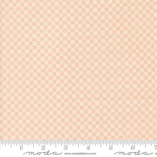 Image of Handmade Sweetness Penny Petal quilting cotton fabric by My Sew Quilty Life for Moda Fabrics. Features a geometric pattern on a pink background. Cute Little Fabric Shop.