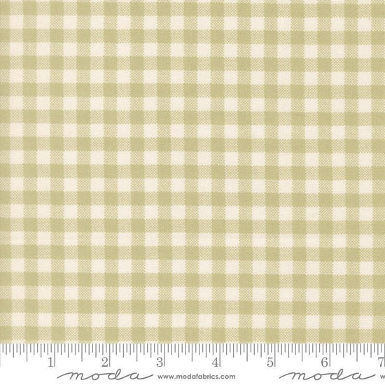 Image of Handmade Sweetness Checks Pear quilting cotton fabric by My Sew Quilty Life for Moda Fabrics. Features gingham on a green background. Cute Little Fabric Shop.