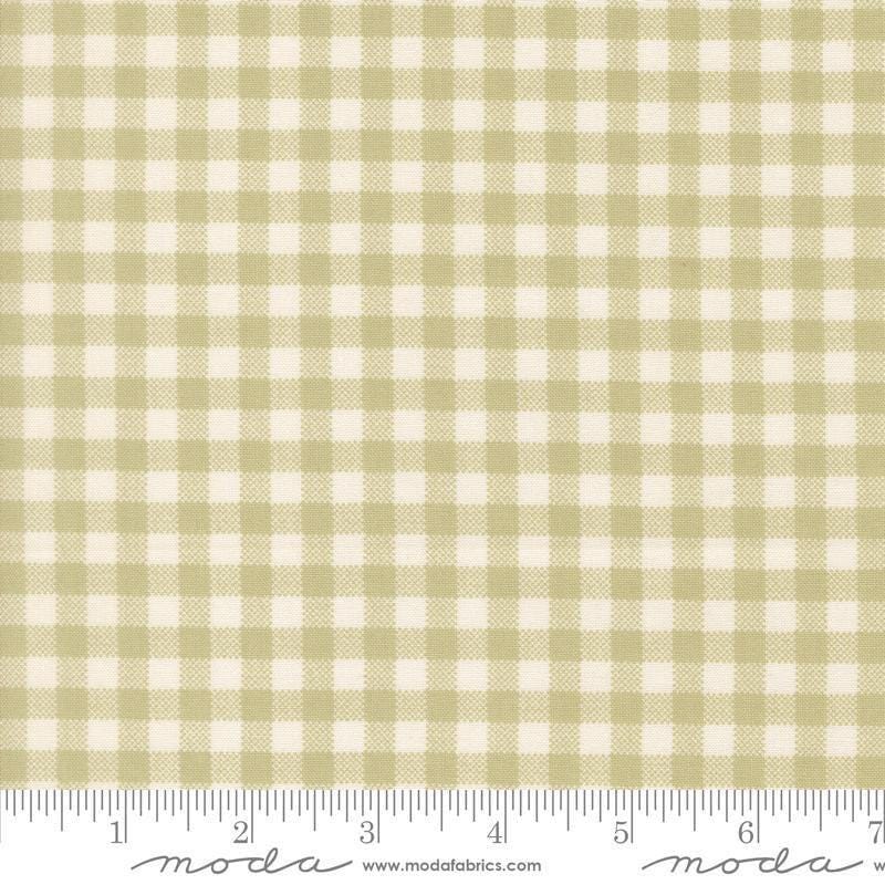 Image of Handmade Sweetness Checks Pear quilting cotton fabric by My Sew Quilty Life for Moda Fabrics. Features gingham on a green background. Cute Little Fabric Shop.