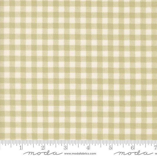 Image of Handmade Sweetness Checks Pear quilting cotton fabric by My Sew Quilty Life for Moda Fabrics. Features gingham on a green background. Cute Little Fabric Shop.