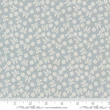 Image of Handmade Sweetness Bows Powder Blue quilting cotton fabric by My Sew Quilty Life for Moda Fabrics. Features flowers on a blue background. Cute Little Fabric Shop.