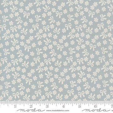 Image of Handmade Sweetness Bows Powder Blue quilting cotton fabric by My Sew Quilty Life for Moda Fabrics. Features flowers on a blue background. Cute Little Fabric Shop.