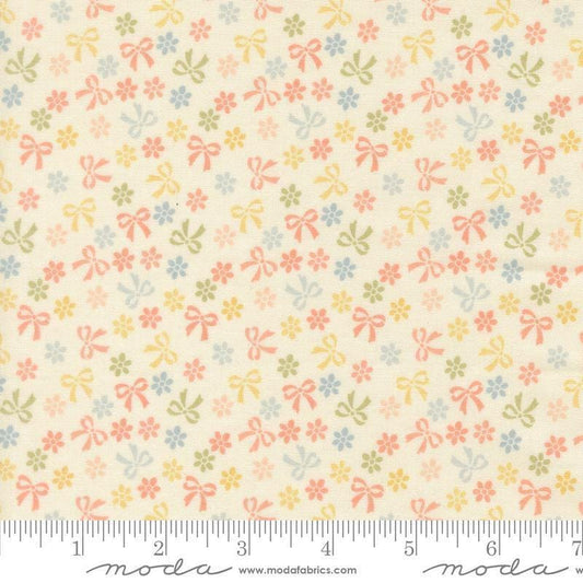 Image of Handmade Sweetness Bows Porcelain quilting cotton fabric by My Sew Quilty Life for Moda Fabrics. Features flowers on a cream background. Cute Little Fabric Shop.