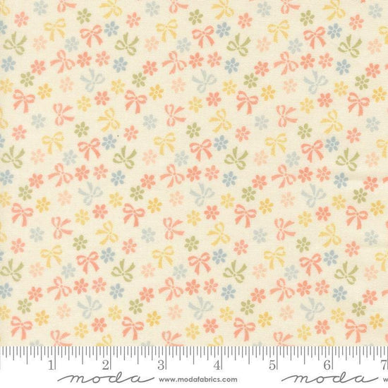 Image of Handmade Sweetness Bows Porcelain quilting cotton fabric by My Sew Quilty Life for Moda Fabrics. Features flowers on a cream background. Cute Little Fabric Shop.