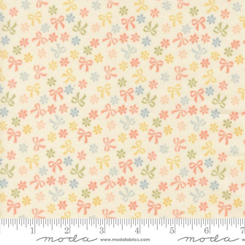 Image of Handmade Sweetness Bows Porcelain quilting cotton fabric by My Sew Quilty Life for Moda Fabrics. Features flowers on a cream background. Cute Little Fabric Shop.