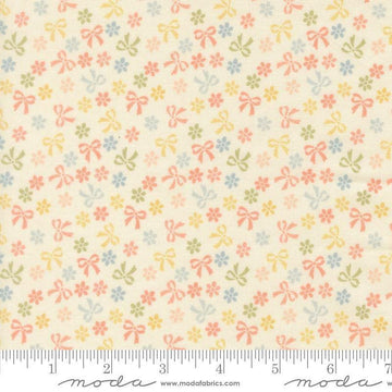 Image of Handmade Sweetness Bows Porcelain quilting cotton fabric by My Sew Quilty Life for Moda Fabrics. Features flowers on a cream background. Cute Little Fabric Shop.