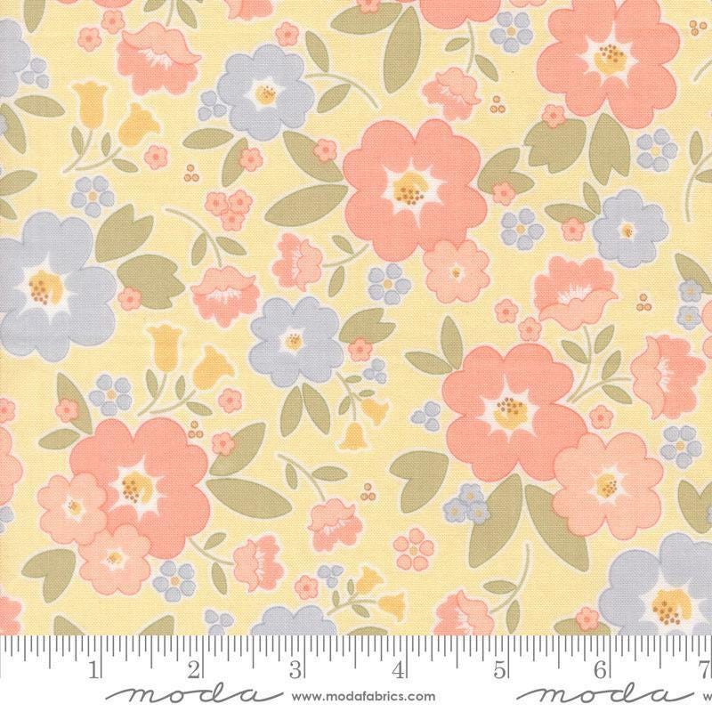 Image of Handmade Sweetness Vintage Blooms Butter quilting cotton fabric by My Sew Quilty Life for Moda Fabrics. Features flowers on a yellow background. Cute Little Fabric Shop.