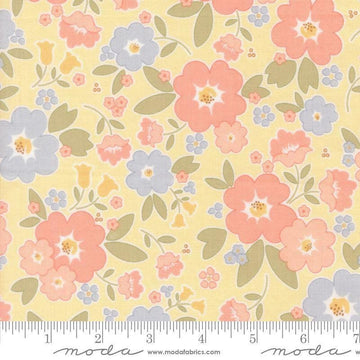 Image of Handmade Sweetness Vintage Blooms Butter quilting cotton fabric by My Sew Quilty Life for Moda Fabrics. Features flowers on a yellow background. Cute Little Fabric Shop.