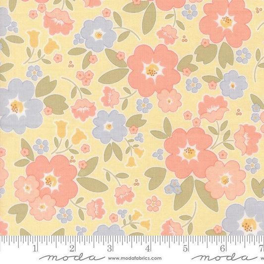 Image of Handmade Sweetness Vintage Blooms Butter quilting cotton fabric by My Sew Quilty Life for Moda Fabrics. Features flowers on a yellow background. Cute Little Fabric Shop.