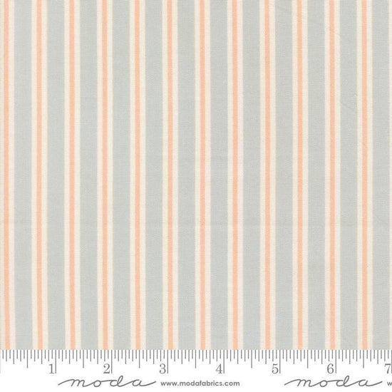 Image of Handmade Sweetness Ribbon Powder Blue quilting cotton fabric by My Sew Quilty Life for Moda Fabrics. Features stripes on a blue background. Cute Little Fabric Shop.
