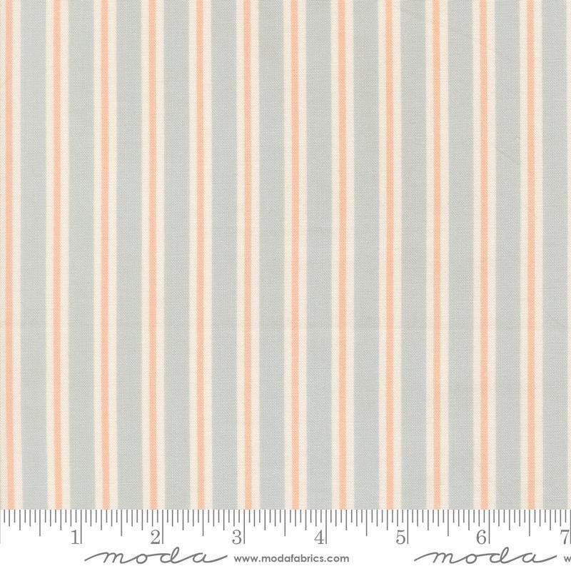 Image of Handmade Sweetness Ribbon Powder Blue quilting cotton fabric by My Sew Quilty Life for Moda Fabrics. Features stripes on a blue background. Cute Little Fabric Shop.