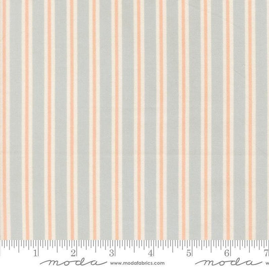 Image of Handmade Sweetness Ribbon Powder Blue quilting cotton fabric by My Sew Quilty Life for Moda Fabrics. Features stripes on a blue background. Cute Little Fabric Shop.