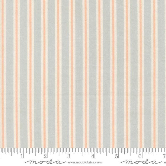 Image of Handmade Sweetness Ribbon Powder Blue quilting cotton fabric by My Sew Quilty Life for Moda Fabrics. Features stripes on a blue background. Cute Little Fabric Shop.