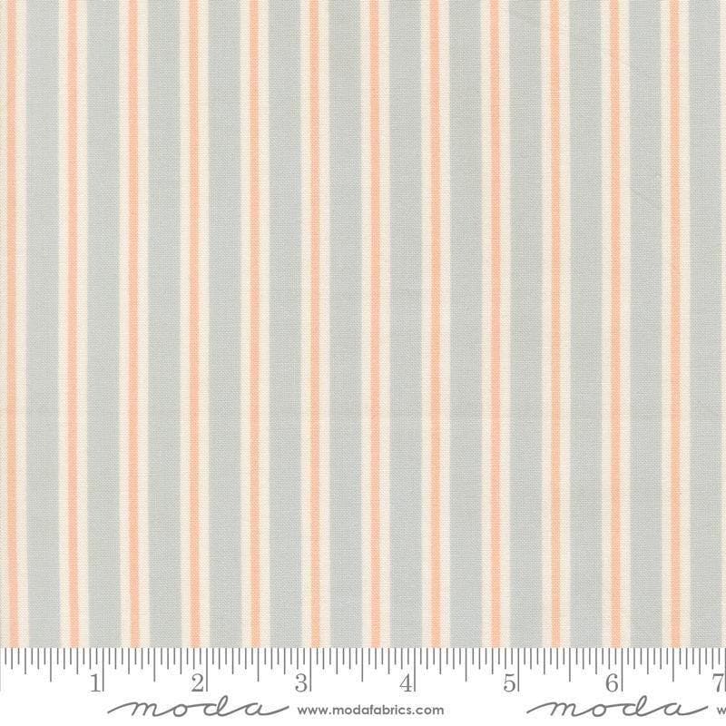 Image of Handmade Sweetness Ribbon Powder Blue quilting cotton fabric by My Sew Quilty Life for Moda Fabrics. Features stripes on a blue background. Cute Little Fabric Shop.