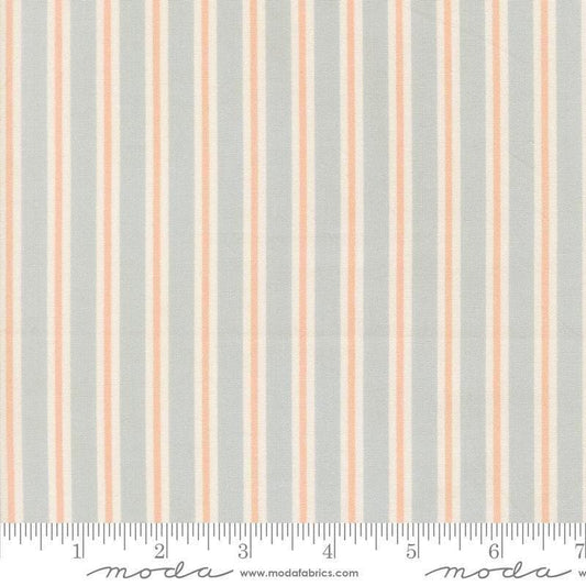 Image of Handmade Sweetness Ribbon Powder Blue quilting cotton fabric by My Sew Quilty Life for Moda Fabrics. Features stripes on a blue background. Cute Little Fabric Shop.