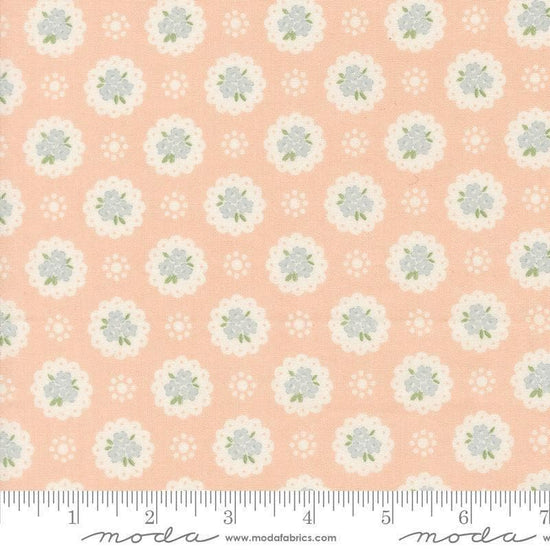 Image of Handmade Sweetness Doily Petal quilting cotton fabric by My Sew Quilty Life for Moda Fabrics. Features flowers on a pink background. Cute Little Fabric Shop.