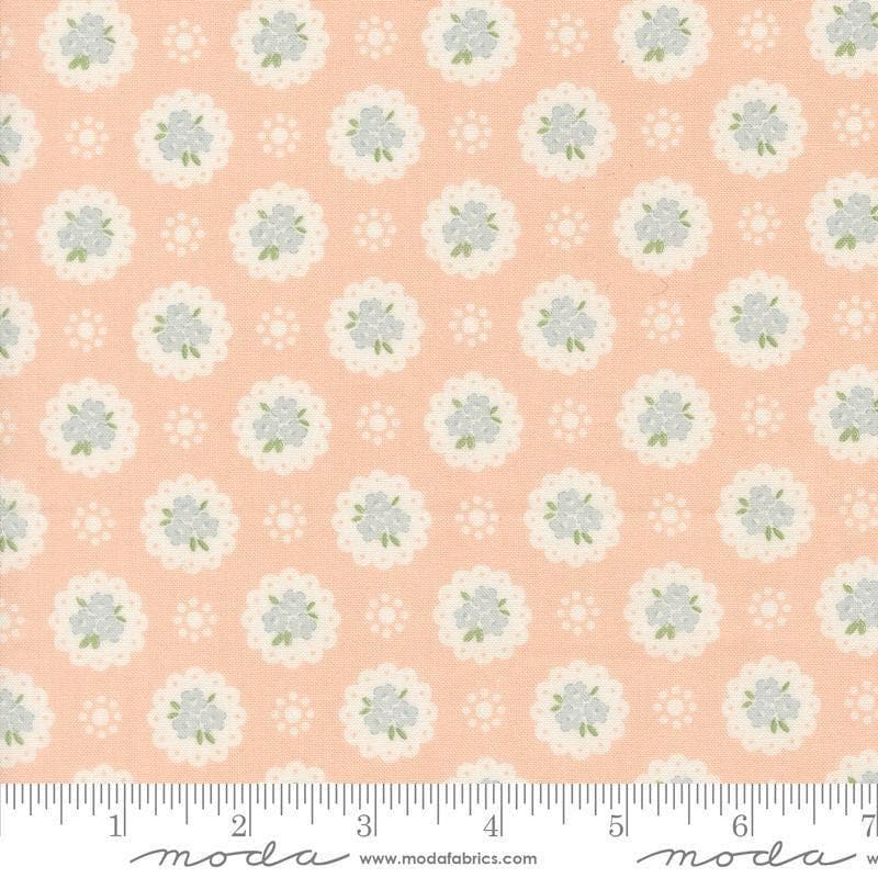 Image of Handmade Sweetness Doily Petal quilting cotton fabric by My Sew Quilty Life for Moda Fabrics. Features flowers on a pink background. Cute Little Fabric Shop.