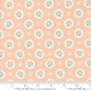 Image of Handmade Sweetness Doily Petal quilting cotton fabric by My Sew Quilty Life for Moda Fabrics. Features flowers on a pink background. Cute Little Fabric Shop.