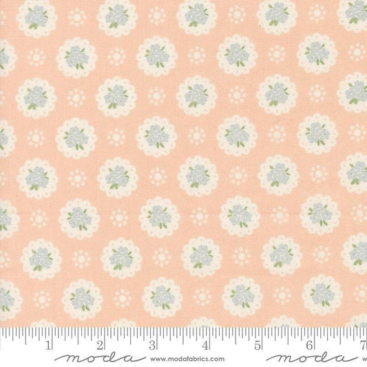 Image of Handmade Sweetness Doily Petal quilting cotton fabric by My Sew Quilty Life for Moda Fabrics. Features flowers on a pink background. Cute Little Fabric Shop.