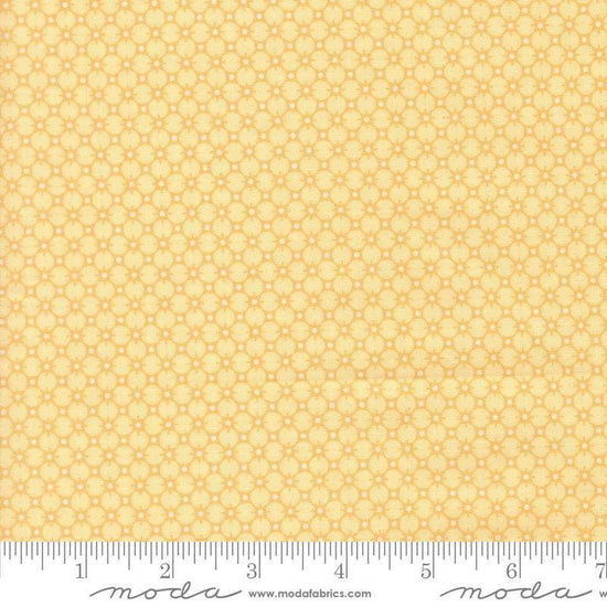 Image of Handmade Sweetness Penny Butterscotch quilting cotton fabric by My Sew Quilty Life for Moda Fabrics. Features a geometric pattern on a yellow background. Cute Little Fabric Shop.