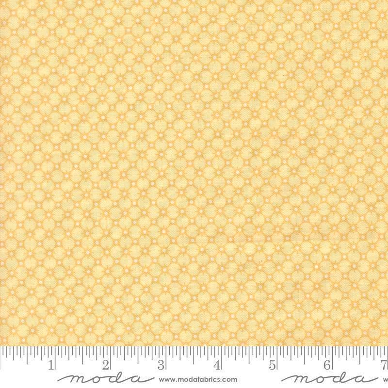 Image of Handmade Sweetness Penny Butterscotch quilting cotton fabric by My Sew Quilty Life for Moda Fabrics. Features a geometric pattern on a yellow background. Cute Little Fabric Shop.