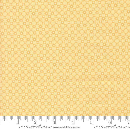 Image of Handmade Sweetness Penny Butterscotch quilting cotton fabric by My Sew Quilty Life for Moda Fabrics. Features a geometric pattern on a yellow background. Cute Little Fabric Shop.