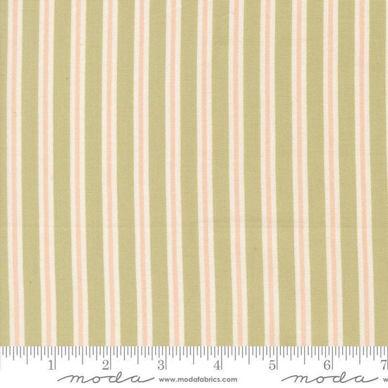 Image of Handmade Sweetness Ribbon Pear quilting cotton fabric by My Sew Quilty Life for Moda Fabrics. Features stripes on a green background. Cute Little Fabric Shop.