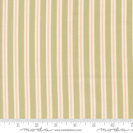 Image of Handmade Sweetness Ribbon Pear quilting cotton fabric by My Sew Quilty Life for Moda Fabrics. Features stripes on a green background. Cute Little Fabric Shop.