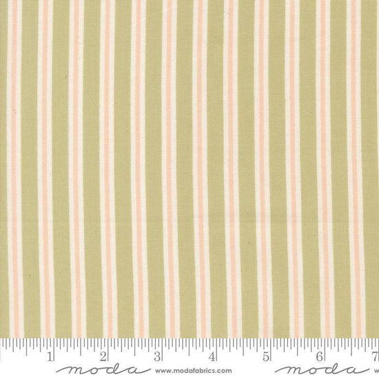 Image of Handmade Sweetness Ribbon Pear quilting cotton fabric by My Sew Quilty Life for Moda Fabrics. Features stripes on a green background. Cute Little Fabric Shop.