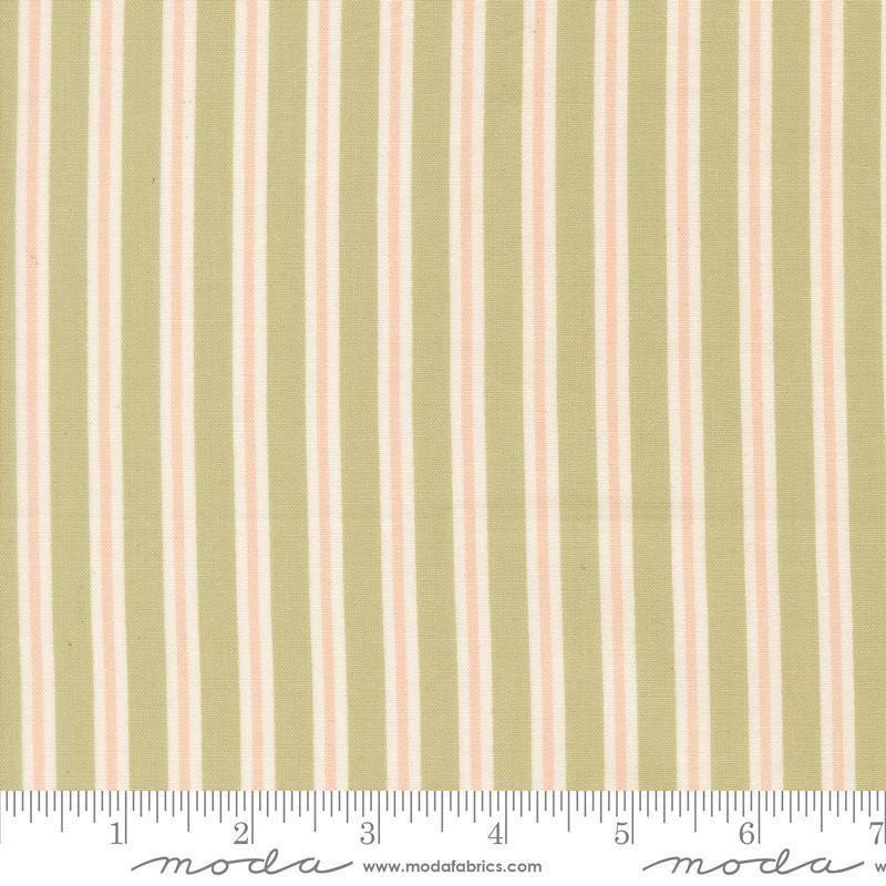 Image of Handmade Sweetness Ribbon Pear quilting cotton fabric by My Sew Quilty Life for Moda Fabrics. Features stripes on a green background. Cute Little Fabric Shop.