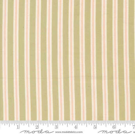 Image of Handmade Sweetness Ribbon Pear quilting cotton fabric by My Sew Quilty Life for Moda Fabrics. Features stripes on a green background. Cute Little Fabric Shop.