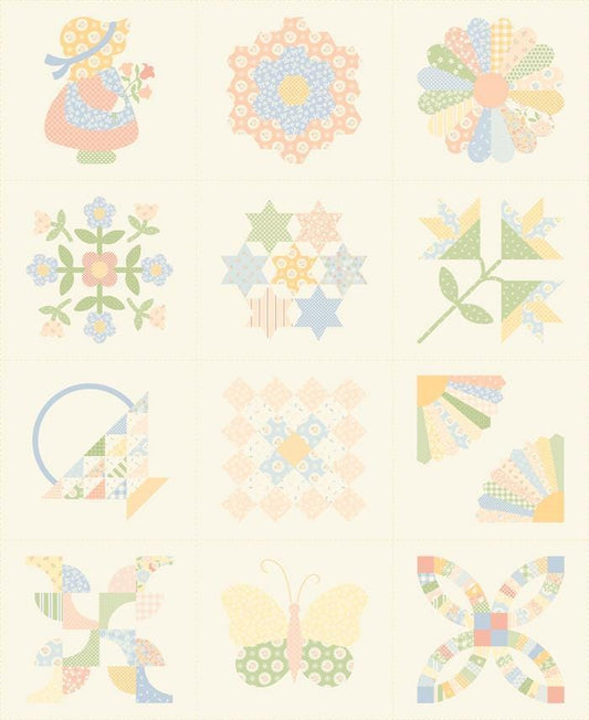 SALE Handmade Sweetness Quilt Blocks Panel Porcelain Cream PRINTED Blocks Panel - 31772 - Moda Fabrics Quilting Cotton Fabric