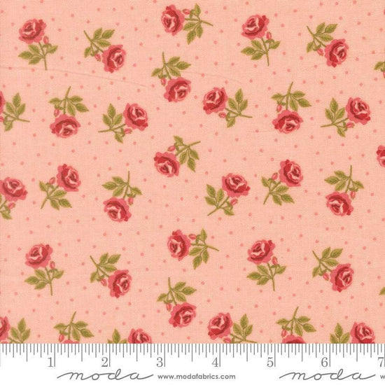 Image of Je Taime Roses are Red Blush quilting cotton fabric by Stacy Iest Hsu for Moda Fabrics. Features flowers on a pink background. Cute Little Fabric Shop.