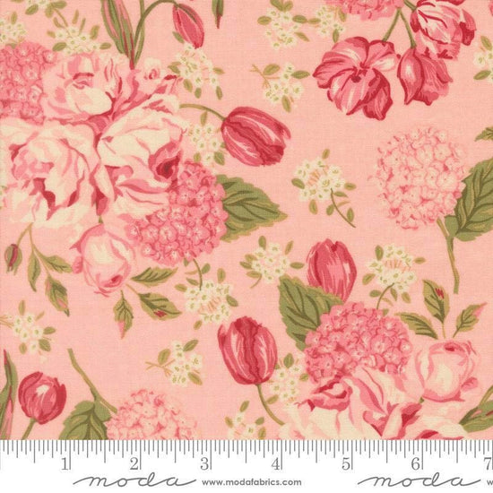 Image of Je Taime Love Garden Blush quilting cotton fabric by Stacy Iest Hsu for Moda Fabrics. Features flowers on a pink background. Cute Little Fabric Shop.