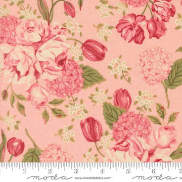 Image of Je Taime Love Garden Blush quilting cotton fabric by Stacy Iest Hsu for Moda Fabrics. Features flowers on a pink background. Cute Little Fabric Shop.